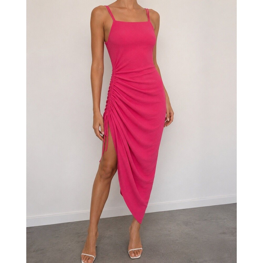 Lulus Pink Solid Knit Ruched Side Slit Square Neck Strappy Bodycon Midi Dress S